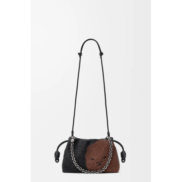 Loewe Medium Lion Beads Flamenco purse in beaded canvas and calfskin, Black/Pecan | Shoulder & Crossbody Bags | Coveti