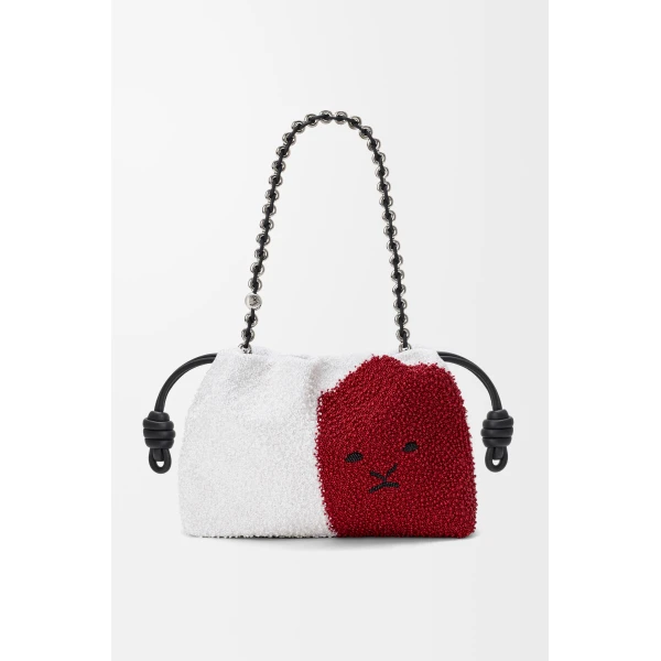 Loewe Medium Lion Beads Flamenco purse in beaded canvas and calfskin, White/Red | Shoulder & Crossbody Bags | Coveti