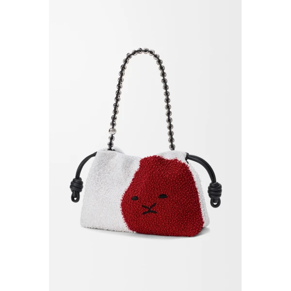 Loewe Medium Lion Beads Flamenco purse in beaded canvas and calfskin, White/Red | Shoulder & Crossbody Bags | Coveti