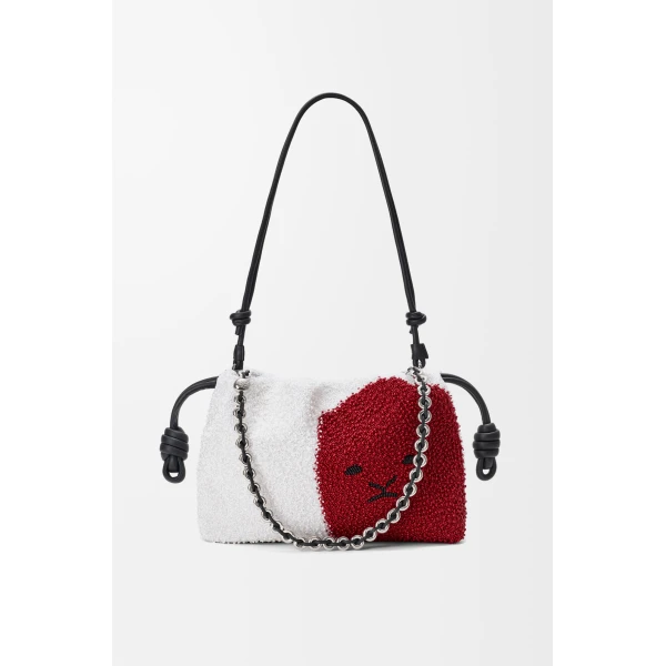 Loewe Medium Lion Beads Flamenco purse in beaded canvas and calfskin, White/Red | Shoulder & Crossbody Bags | Coveti