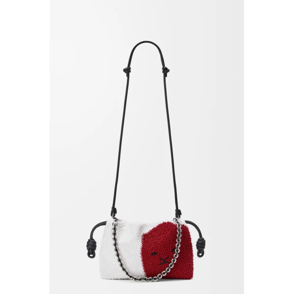 Loewe Medium Lion Beads Flamenco purse in beaded canvas and calfskin, White/Red | Shoulder & Crossbody Bags | Coveti
