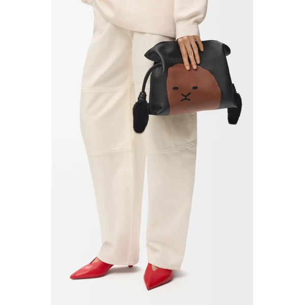 Loewe Medium Lion Intarsio Flamenco clutch in calfskin, Black/Pecan | Shoulder & Crossbody Bags | Coveti