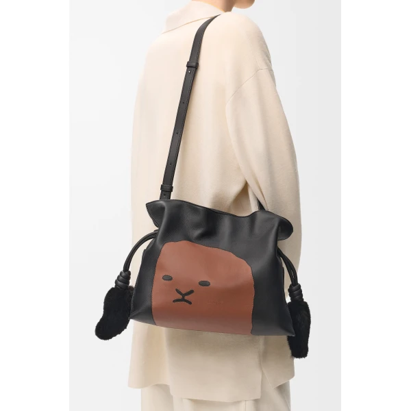 Loewe Medium Lion Intarsio Flamenco clutch in calfskin, Black/Pecan | Shoulder & Crossbody Bags | Coveti