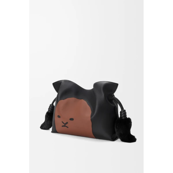 Loewe Medium Lion Intarsio Flamenco clutch in calfskin, Black/Pecan | Shoulder & Crossbody Bags | Coveti