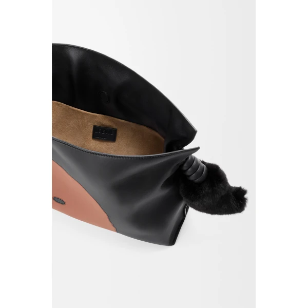 Loewe Medium Lion Intarsio Flamenco clutch in calfskin, Black/Pecan | Shoulder & Crossbody Bags | Coveti