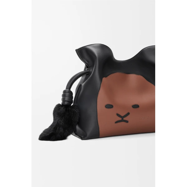 Loewe Medium Lion Intarsio Flamenco clutch in calfskin, Black/Pecan | Shoulder & Crossbody Bags | Coveti