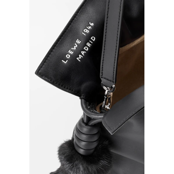 Loewe Medium Lion Intarsio Flamenco clutch in calfskin, Black/Pecan | Shoulder & Crossbody Bags | Coveti