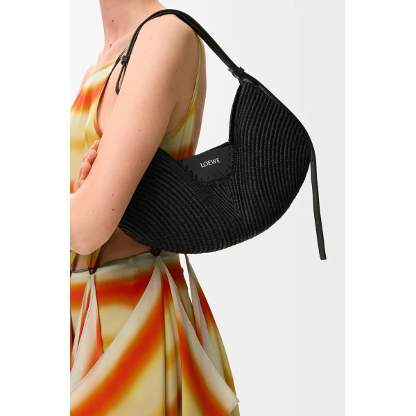 Loewe Medium Loewe Swing bag in raffia and calfskin, Black | Totes & Top-Handle Bags | Coveti