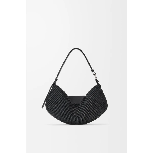 Loewe Medium Loewe Swing bag in raffia and calfskin, Black | Totes & Top-Handle Bags | Coveti