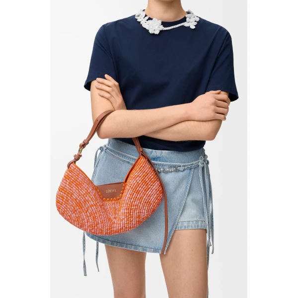 Loewe Medium Loewe Swing bag in raffia and calfskin, Bright Orange/Pink | Totes & Top-Handle Bags | Coveti
