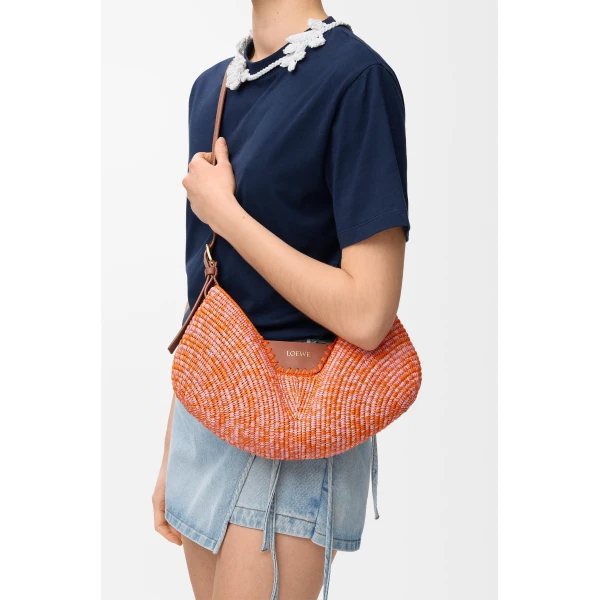 Loewe Medium Loewe Swing bag in raffia and calfskin, Bright Orange/Pink | Totes & Top-Handle Bags | Coveti