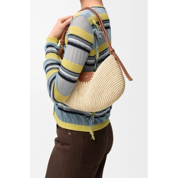 Loewe Medium Loewe Swing bag in raffia and calfskin, Natural/Tan | Totes & Top-Handle Bags | Coveti