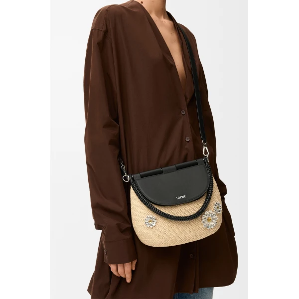 Loewe Medium Pescador bag in raffia and calfskin, Natural/Black | Totes & Top-Handle Bags | Coveti