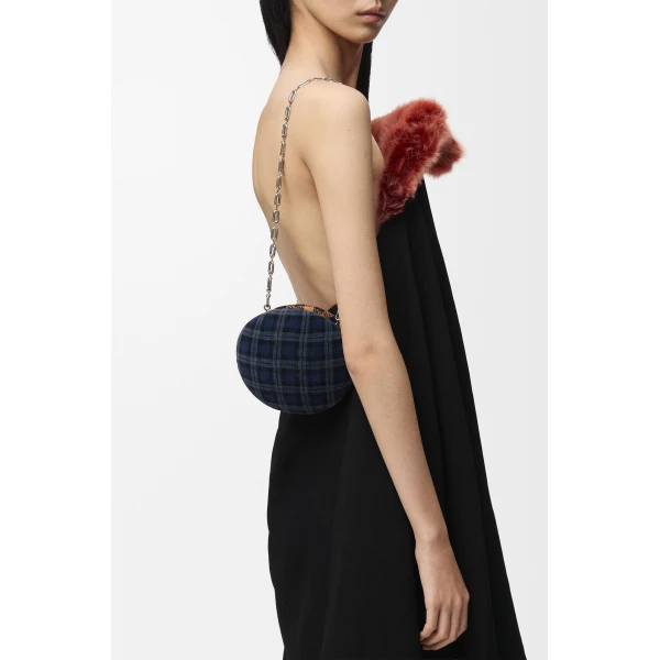 Loewe Shell minaudiere in check pattern textile and metal, Deep Navy/Multicolor | Mini Bags | Coveti