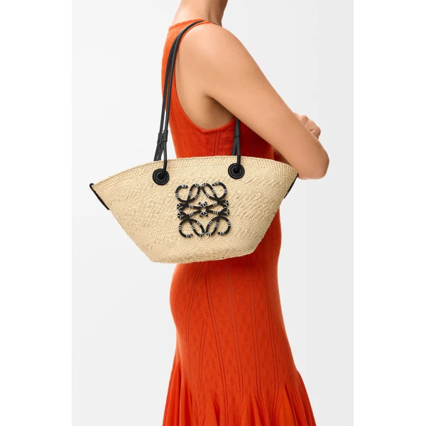 Loewe Small Anagram basket bag in iraca palm and calfskin, Natural/Black | Totes & Top-Handle Bags | Coveti