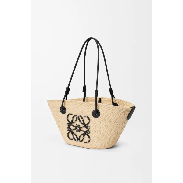 Loewe Small Anagram basket bag in iraca palm and calfskin, Natural/Black | Totes & Top-Handle Bags | Coveti