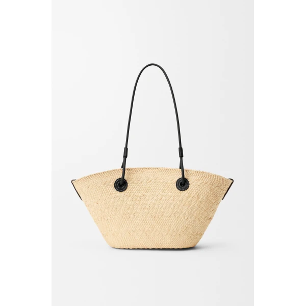 Loewe Small Anagram basket bag in iraca palm and calfskin, Natural/Black | Totes & Top-Handle Bags | Coveti