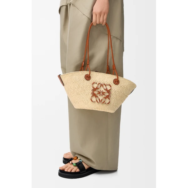 Loewe Small Anagram basket bag in iraca palm and calfskin, Natural/Tan | Totes & Top-Handle Bags | Coveti