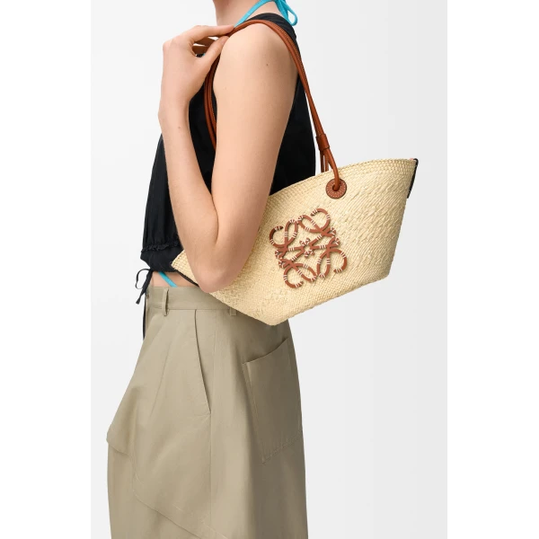 Loewe Small Anagram basket bag in iraca palm and calfskin, Natural/Tan | Totes & Top-Handle Bags | Coveti