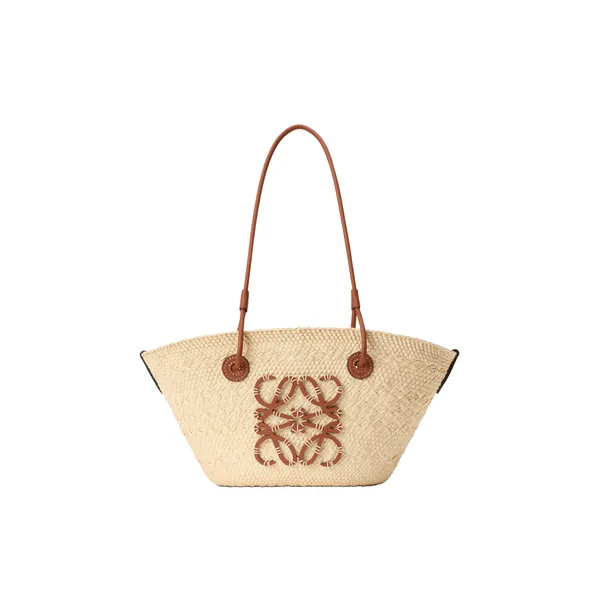 Loewe Small Anagram basket bag in iraca palm and calfskin, Natural/Tan | Totes & Top-Handle Bags | Coveti