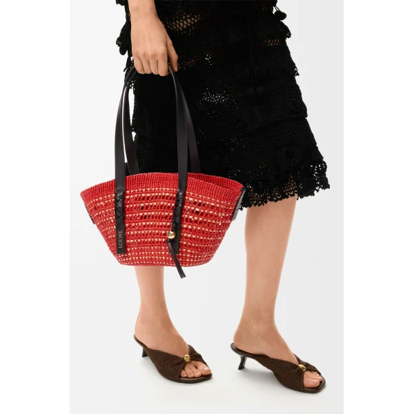 Loewe Small Braid basket in iraca palm and calfskin, Red/Natural | Totes & Top-Handle Bags | Coveti