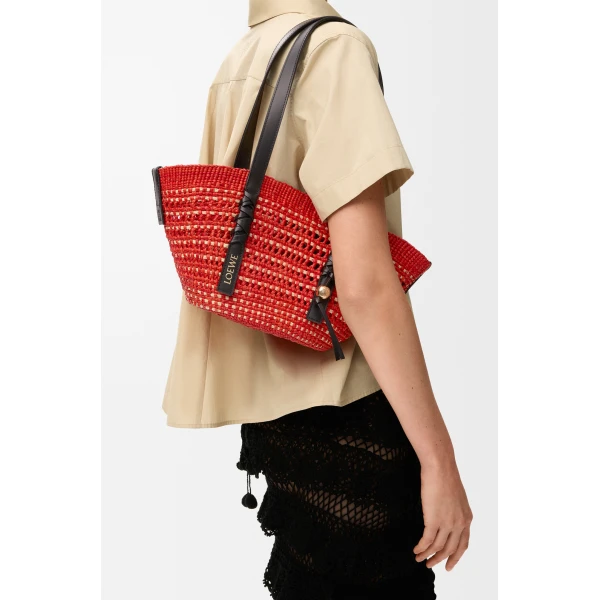 Loewe Small Braid basket in iraca palm and calfskin, Red/Natural | Totes & Top-Handle Bags | Coveti