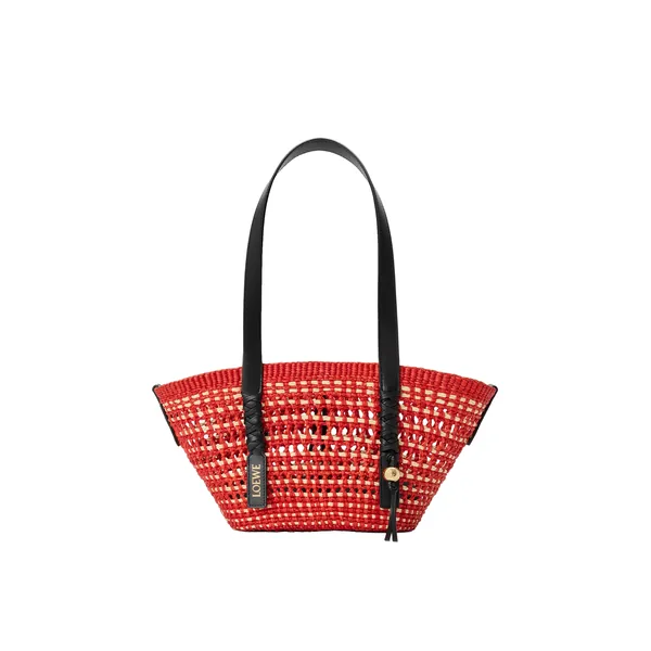 Loewe Small Braid basket in iraca palm and calfskin, Red/Natural | Totes & Top-Handle Bags | Coveti