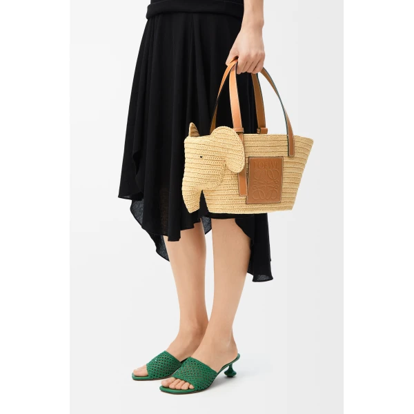 Loewe Small Elephant basket in raffia and calfskin, Natural/Tan | Totes & Top-Handle Bags | Coveti