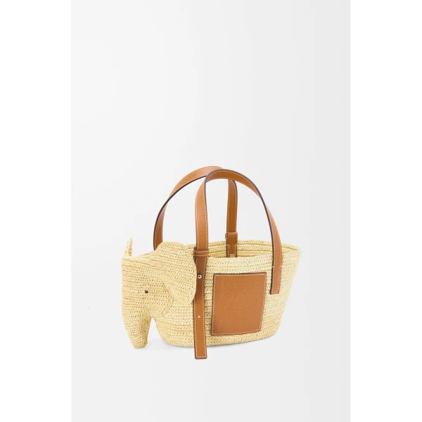 Loewe Small Elephant basket in raffia and calfskin, Natural/Tan | Totes & Top-Handle Bags | Coveti