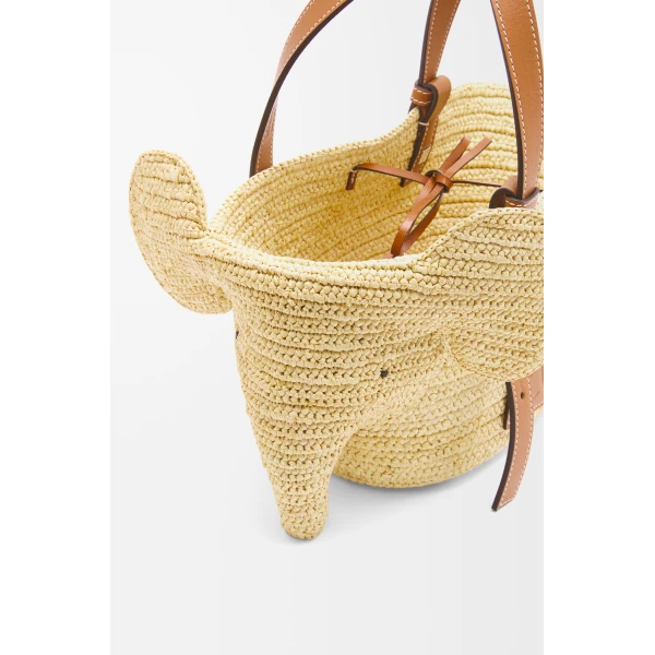 Loewe Small Elephant basket in raffia and calfskin, Natural/Tan | Totes & Top-Handle Bags | Coveti