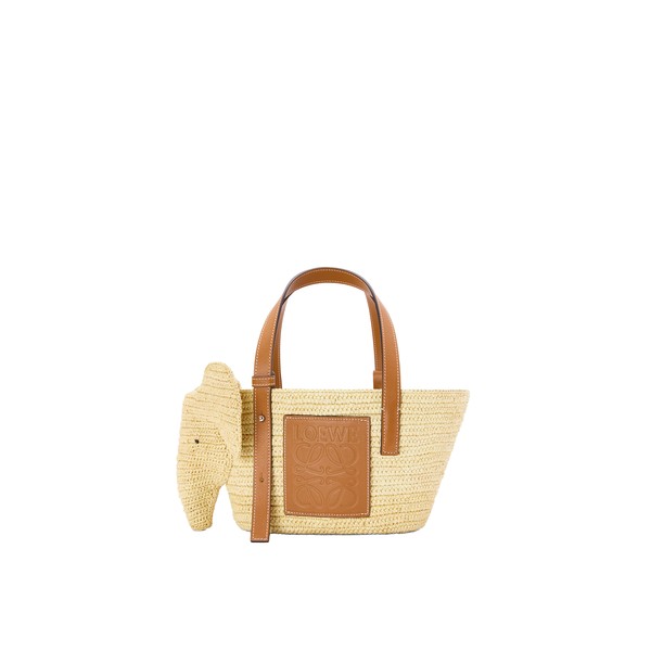 Loewe Small Elephant basket in raffia and calfskin, Natural/Tan | Totes & Top-Handle Bags | Coveti