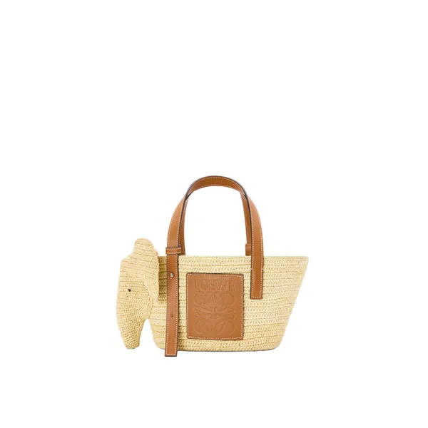 Loewe Small Elephant basket in raffia and calfskin, Natural/Tan | Totes & Top-Handle Bags | Coveti