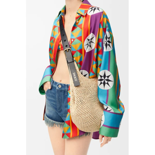 Loewe Small Punch Hole hobo in raffia and calfskin, Natural/Black | Totes & Top-Handle Bags | Coveti