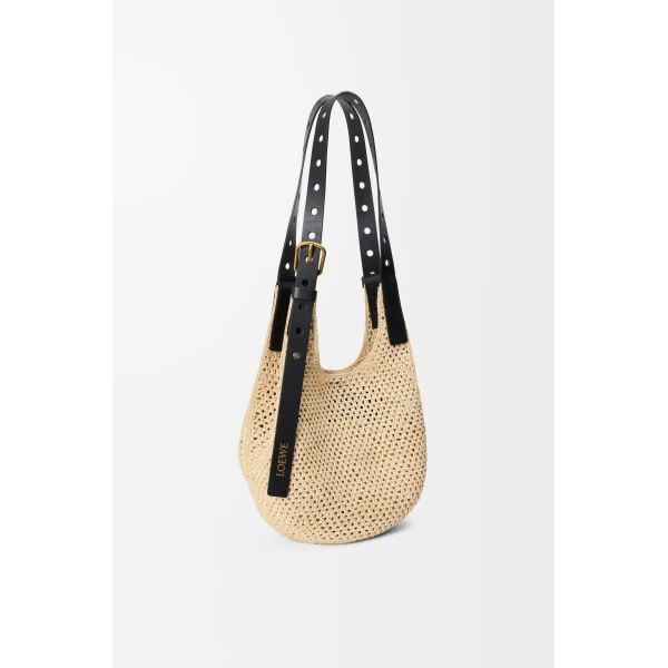 Loewe Small Punch Hole hobo in raffia and calfskin, Natural/Black | Totes & Top-Handle Bags | Coveti