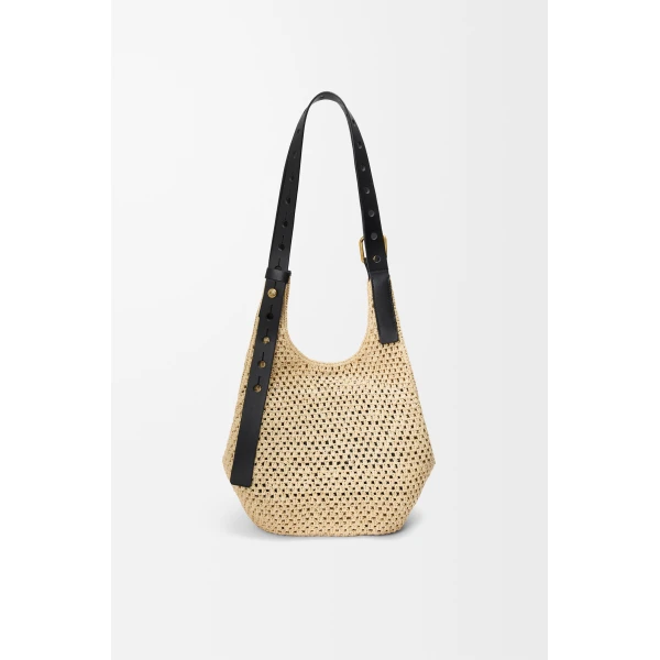 Loewe Small Punch Hole hobo in raffia and calfskin, Natural/Black | Totes & Top-Handle Bags | Coveti