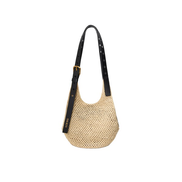 Loewe Small Punch Hole hobo in raffia and calfskin, Natural/Black | Totes & Top-Handle Bags | Coveti