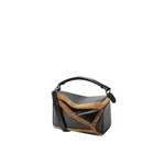 Loewe Small Puzzle Aviator bag in glossy lambskin and shearling, Black/Brown | Shoulder & Crossbody Bags | Coveti