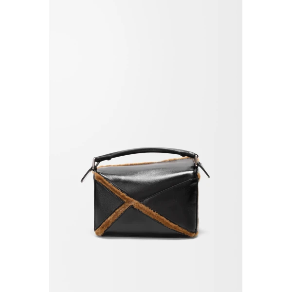 Loewe Small Puzzle Aviator bag in glossy lambskin and shearling, Black/Brown | Shoulder & Crossbody Bags | Coveti