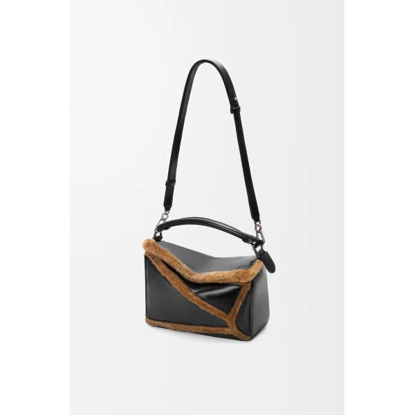 Loewe Small Puzzle Aviator bag in glossy lambskin and shearling, Black/Brown | Shoulder & Crossbody Bags | Coveti