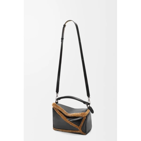Loewe Small Puzzle Aviator bag in glossy lambskin and shearling, Black/Brown | Shoulder & Crossbody Bags | Coveti