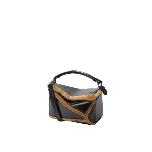 Loewe Small Puzzle Aviator bag in glossy lambskin and shearling, Black/Brown | Shoulder & Crossbody Bags | Coveti