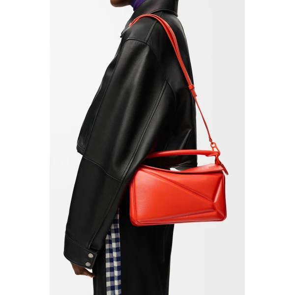 Loewe Small Puzzle Blown bag in glossy lambskin, Vivid Orange | Shoulder & Crossbody Bags | Coveti