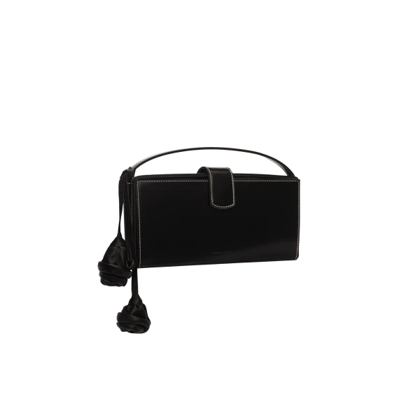 Apolonia bag in black leather with flower charm and contrast stitching - Image 2