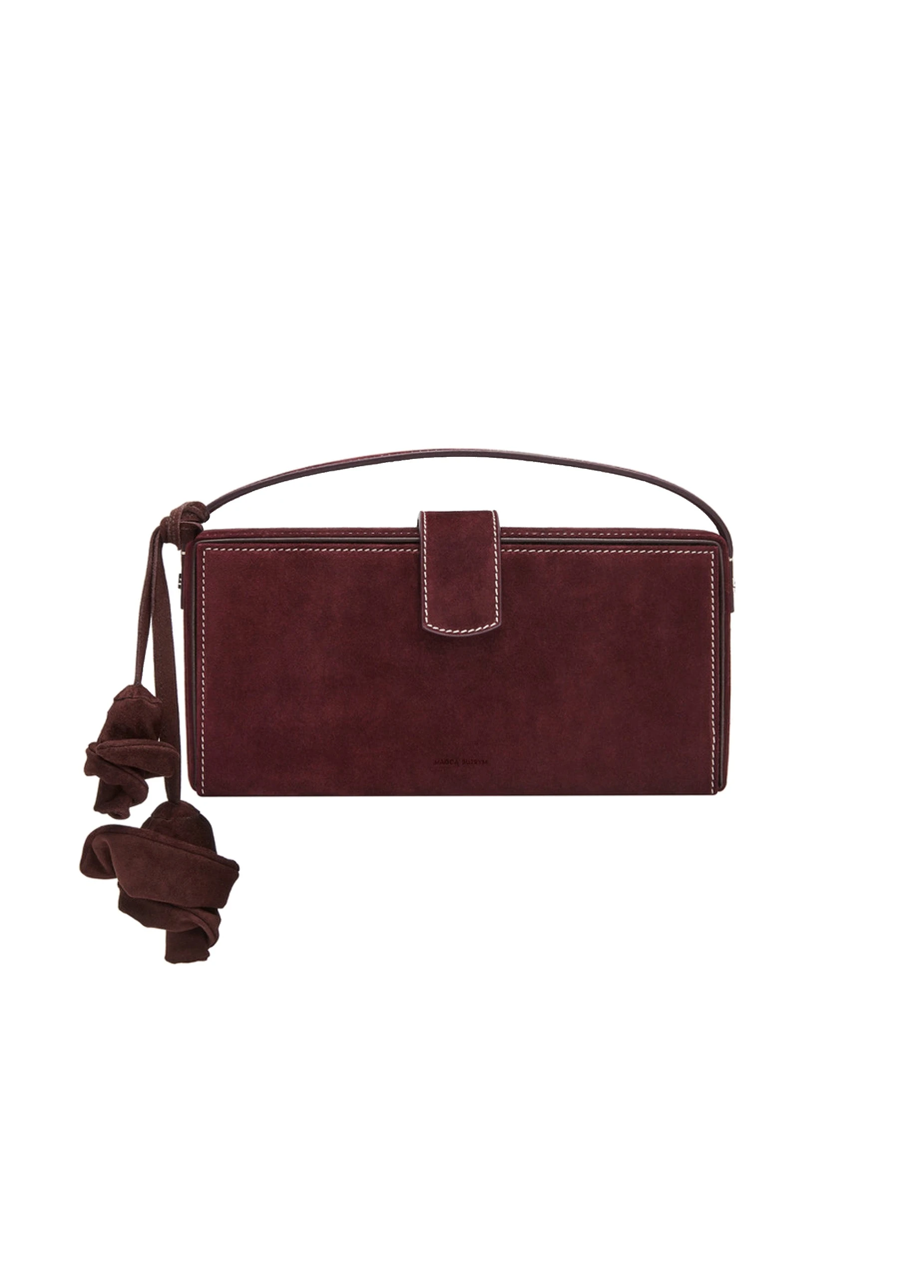 Magda Butrym Apolonia bag in burgundy suede with flower charm | Coveti Magda Butrym Apolonia bag in burgundy suede with flower charm