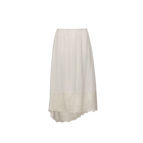 Asymmetric lace-hem midi skirt in cream