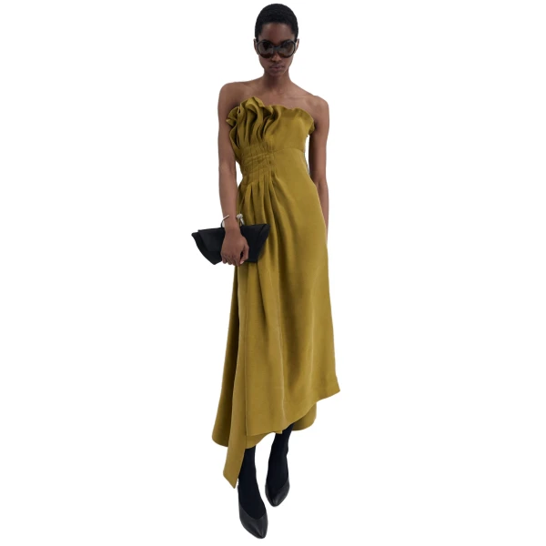 Asymmetric pleated silk dress in green - Image 3