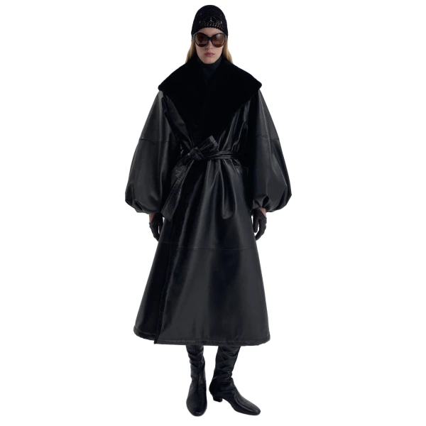 Belted fur collar leather coat in black - Image 3