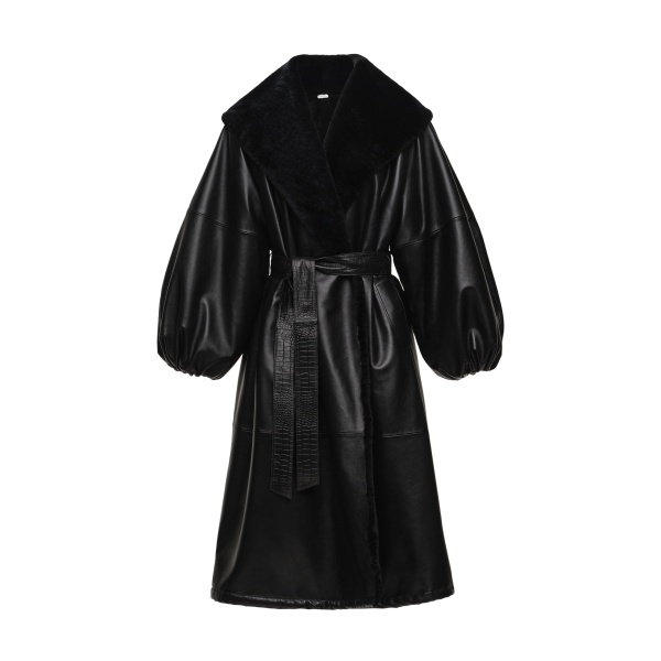 Magda Butrym Belted fur collar leather coat in black