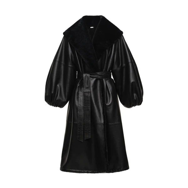 Belted fur collar leather coat in black