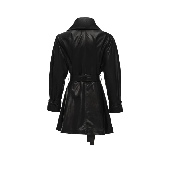 Belted leather jacket with draped collar in black - Image 2